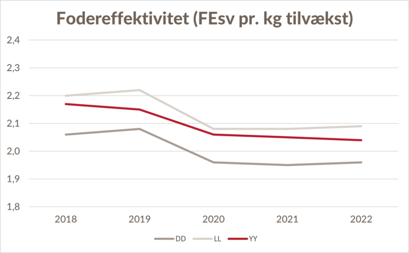 Udviklingen i fodereffektivitet på DanBred Bøgildgård fra 2018 til 2022