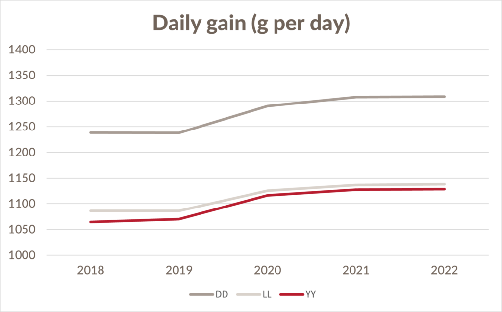 Progress for daily gain at DanBred boar testing station Bøgildgård from 2018 to 2022